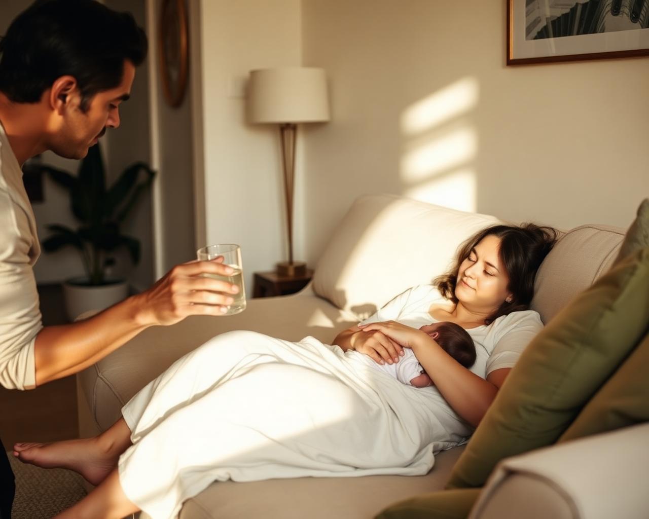 A partner bringing a glass of water to a new mother resting with her newborn